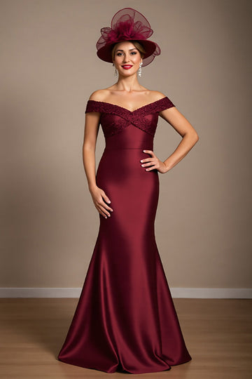 Off The Shoulder Burgundy Mermaid Satin Mother Of The Bride Dress